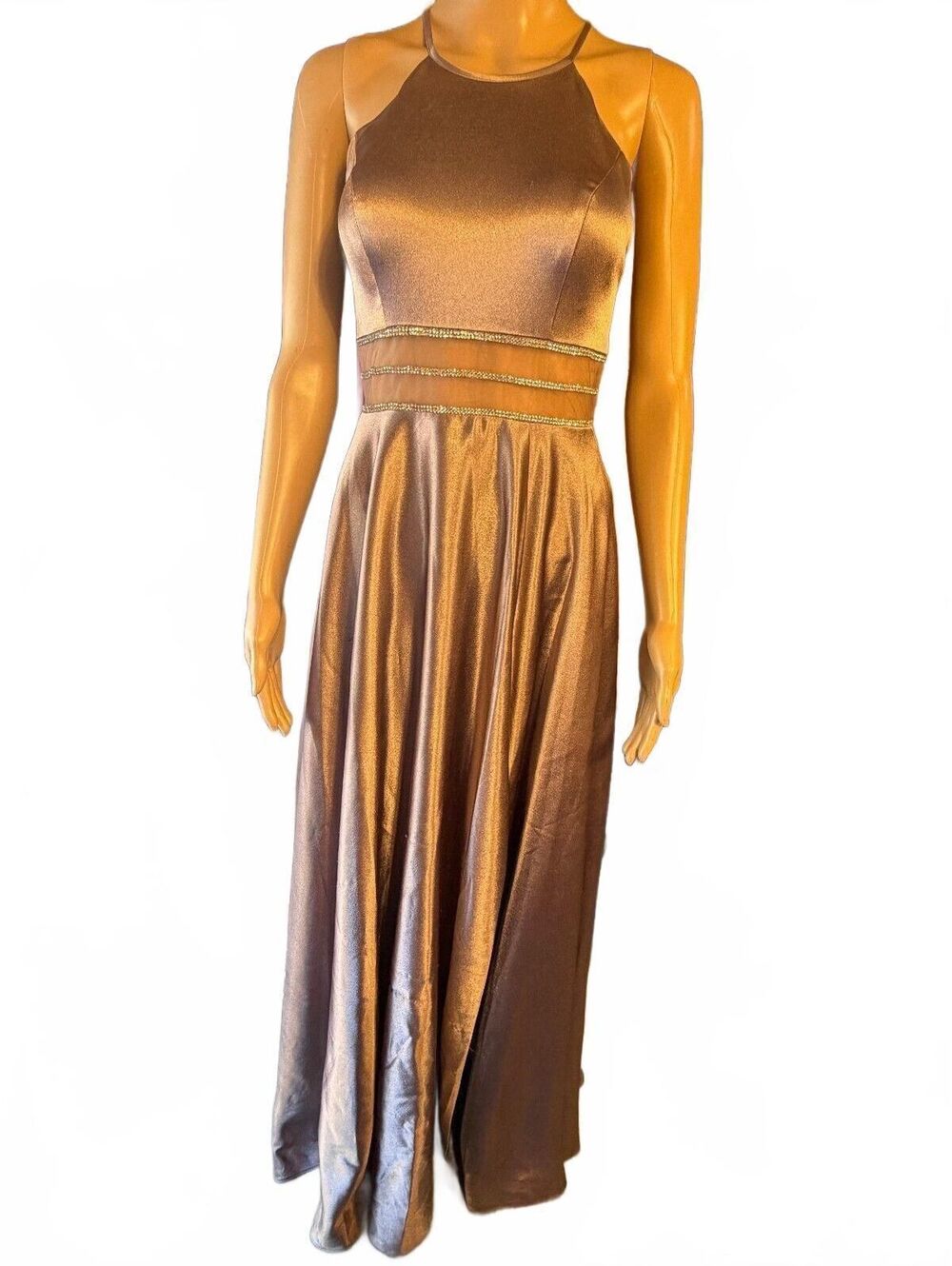 DRESS Elegant Bronze Satin Prom Dress with Crisscross Back and Side Slit